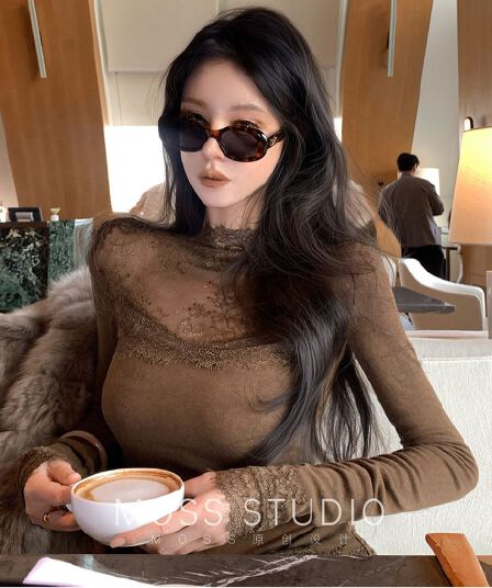 260 그램 사람들 면 레이스 자수 기본 셔츠 여성 가을 작은 대중 인사이드 가져 가라. 디자인 센스 핫걸 몸매 가꾸기 긴팔 맨위