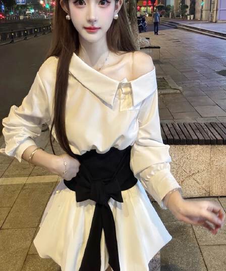 2026 가을 새로운 연구 부서 순수한 프랑스식 비스듬한 어깨 셔츠 인감 허리 스트랩 허리 수축 코디 꽃밭 미니 스커트 세트
