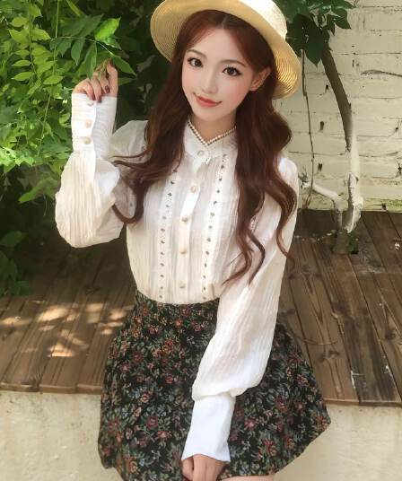 작은 키 착용 가져 가라. 전체 집합 거품 소매 프랑스식 셔츠 코디 꽃무늬 반신 스커트 두 조각 세트 드레스 여성 가을 의상