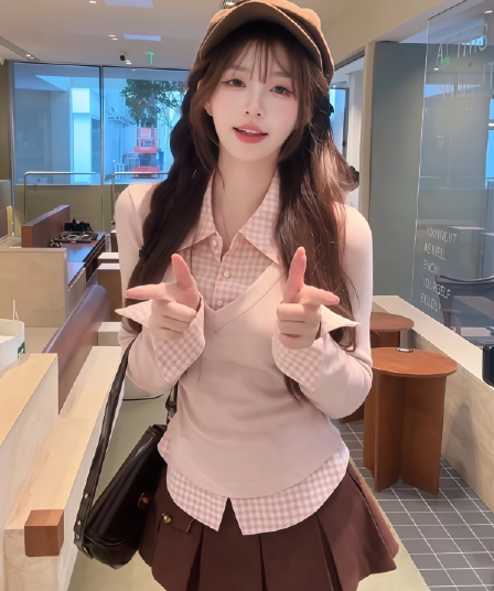 순수한 욕망 달콤한 핫걸 세트 학원 스타일 허리 수축 페이크 레이어드 셔츠 맨위 플리츠 반 스커트 소녀 센스 투피스 세트