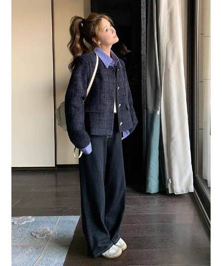 한 부서 페이크 레이어드 패치워크 폴로 칼라 작은 샤넬 스타일 여성 코트 봄 가을 새로운 루즈핏 캐주얼 쇼트 스타일 재킷 맨위 트렌디