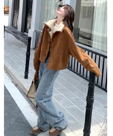 두꺼운 짧은 외투 스웨이드 양털 플리스 복합 하나 커피 색상 피모 하나 양털 재킷 양면 착용 스웨이드 원단