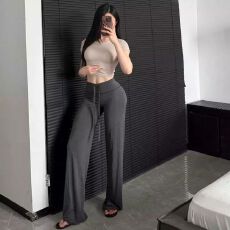 批发性感辣妹抽绳高腰健身阔腿裤秋季新款纯色显瘦<b class='q'>百搭</b>跑步运动直筒裤