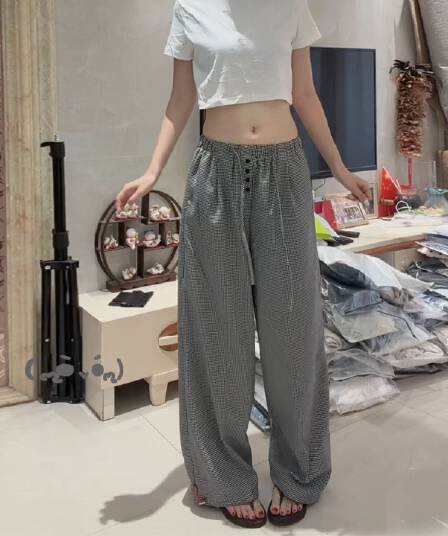 흑인과 백인 체크무늬 디자인 캐주얼 바지 여성 2026 봄 가을 새로운 패션 하이웨이스트 루즈핏 슬림해 보이는 도루 센스 와이드 레그 팬츠 어린이