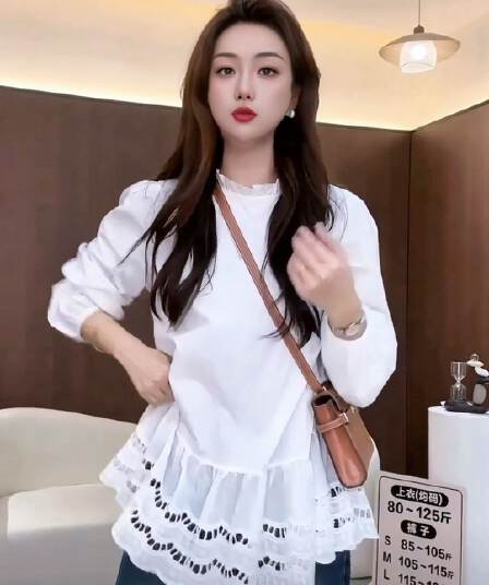 chic 면 프릴 레이스 조각 긴팔 여성 셔츠 가을 한 부서 중간 길이 슬림해 보이는 화이트 작은 대중 맨위