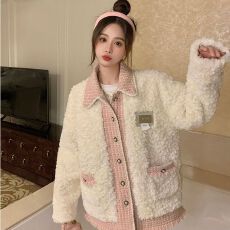 批发羊羔毛绒外套<b class='q'>女装</b>冬季2026新款拼接设计感宽松长袖加绒棉衣外套女