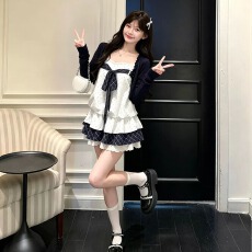 批发甜美纯欲风波点吊带连衣裙女早秋季初恋清纯蛋糕短裙长袖开衫套装