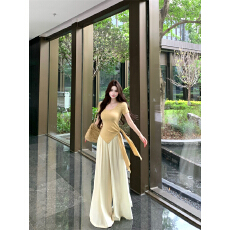 批发不规则绑带短袖上衣女夏垂感宽松阔腿<b class='q'>裤</b><b class='q'>气质</b>套<b class='q'>装</b>两件套
