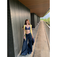 批发辣妹吊带修身美背打底上衣女条纹阔腿<b class='q'>牛仔</b>裤老钱风拖地裤潮