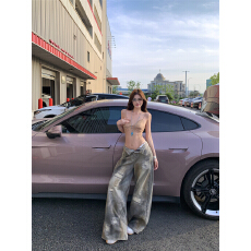 批发蕾丝吊带性感镂空<b class='q'>连体</b>衣辣妹上衣复古宽松破洞阔腿裤牛仔裤