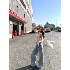 批发蕾丝挂脖性感露背鱼骨吊带上衣女宽松拖地阔腿裤<b class='q'>牛仔</b>裤