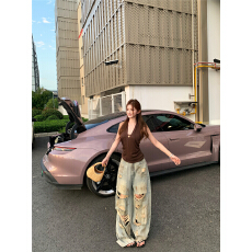 批发挂脖露背V领吊带上衣女重工泼墨做旧复古破洞<b class='q'>牛仔</b>裤拖地裤