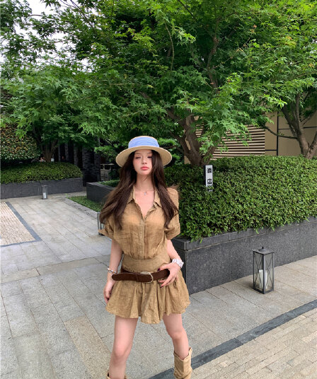 실사 셔츠 드레스 휴가 바람 페이크 레이어드 패치워크 반팔 셔츠 플리츠 미니 스커트 벨트 포함