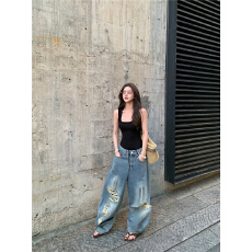 批发实拍 <b class='q'>欧美</b>U领低胸吊带连体背心女美式复古高街破洞宽松阔腿牛仔裤