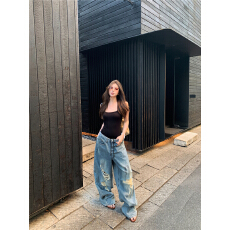 批发实拍 <b class='q'>欧美</b>U领低胸吊带连体背心女美式复古高街破洞宽松阔腿牛仔裤