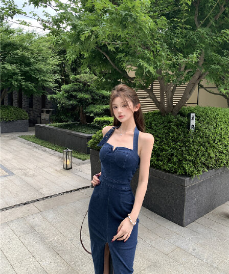 실사 정가 데님 행침 목 여성 드레스 섹시함 여름 핫걸 트임 타이트 스커트 롱 스커트 튜브탑 치마 트렌디