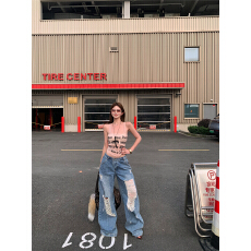 批发植绒字母网纱背心辣妹吊带<b class='q'>上衣</b>女低腰宽松直筒破洞<b class='q'>牛仔</b>裤潮