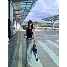 批发<b class='q'>修身</b>收腰马甲背心无袖针织上衣女宽松高腰百搭牛仔<b class='q'>裤</b>阔腿<b class='q'>裤</b>