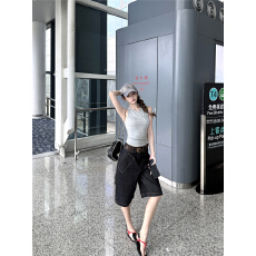 批发弹力针织收腰短款背心上衣<b class='q'>女</b>宽松直筒高腰复古五分<b class='q'>牛仔</b>裤潮