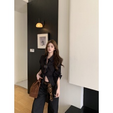 批发黑色酷飒衬衫<b class='q'>长裤</b>套装女chic高级感长袖上衣休闲阔腿裤潮