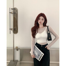 批发实拍实价！月亮网纱薄款微透长袖t恤内搭紧身吊带背心套装