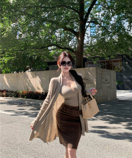 실사 한국 스타일 순수한 욕망 몸매 가꾸기 슬립 루즈핏 느긋한 니트 오픈 가디건 두 조각 여성 세트