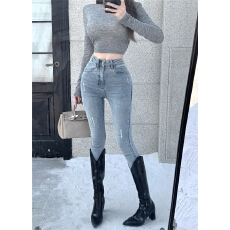 批发辣妹高腰牛仔裤女<b class='q'>秋</b>冬新款修身百搭显瘦紧身小脚裤潮