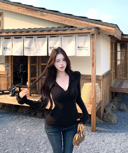 실사 순수한 욕망 폴로 칼라 몸매 가꾸기 슬림해 보이는 V넥 긴팔 티셔츠 니트 기본 셔츠 미니멀리즘 단색 캐주얼 맨위 여성
