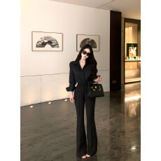 批发黑色高级感长袖<b class='q'>衬衫</b>女微喇叭高腰修身长裤气质通勤ol套装