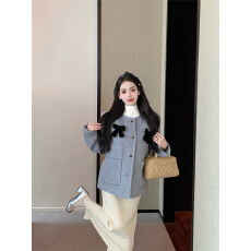 批发实拍实价！名媛气质小香风蝴蝶结软糯宽松夹棉毛呢外套上衣