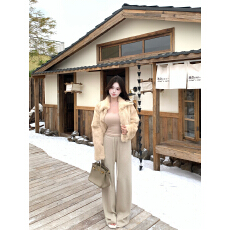 批发气质皮草皮毛一体仿兔毛短外套女纯欲吊带休闲裤<b class='q'>套装</b>三件套