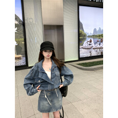 批发复古辣妹<b class='q'>牛仔</b>套装帅气宽松廓形短款<b class='q'>牛仔</b>夹克外套包臀半身裙