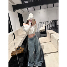 批发实拍！酷辣重工蓝色阔腿牛仔裤女宽松显瘦破洞长裤直筒裤阔腿裤潮