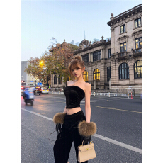 批发实拍！姐系贵感性感辣妹套装女秋冬季新款丝绒抹胸上衣裤子两件套