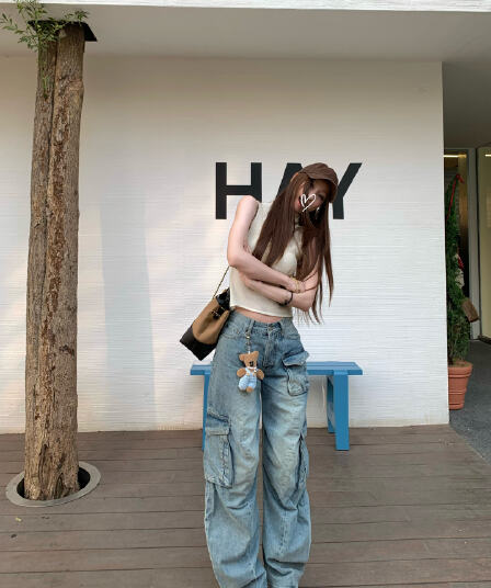 실사 핫걸 모통이 칼 데님 워크웨어 팬츠 여성 아메리칸 레트로 와이드 레그 팬츠 루즈핏 스트레이트 바닥 청소 바지 긴 바지 트렌디