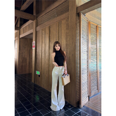 批发实拍！气质半高领无袖显瘦背心女修身百搭板正白色直筒牛仔拖地裤