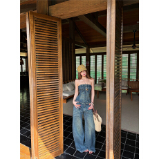 批发牛仔抹胸辣妹修身短款裹胸上衣女宽松低腰阔腿长裤牛仔裤<b class='q'>潮</b>