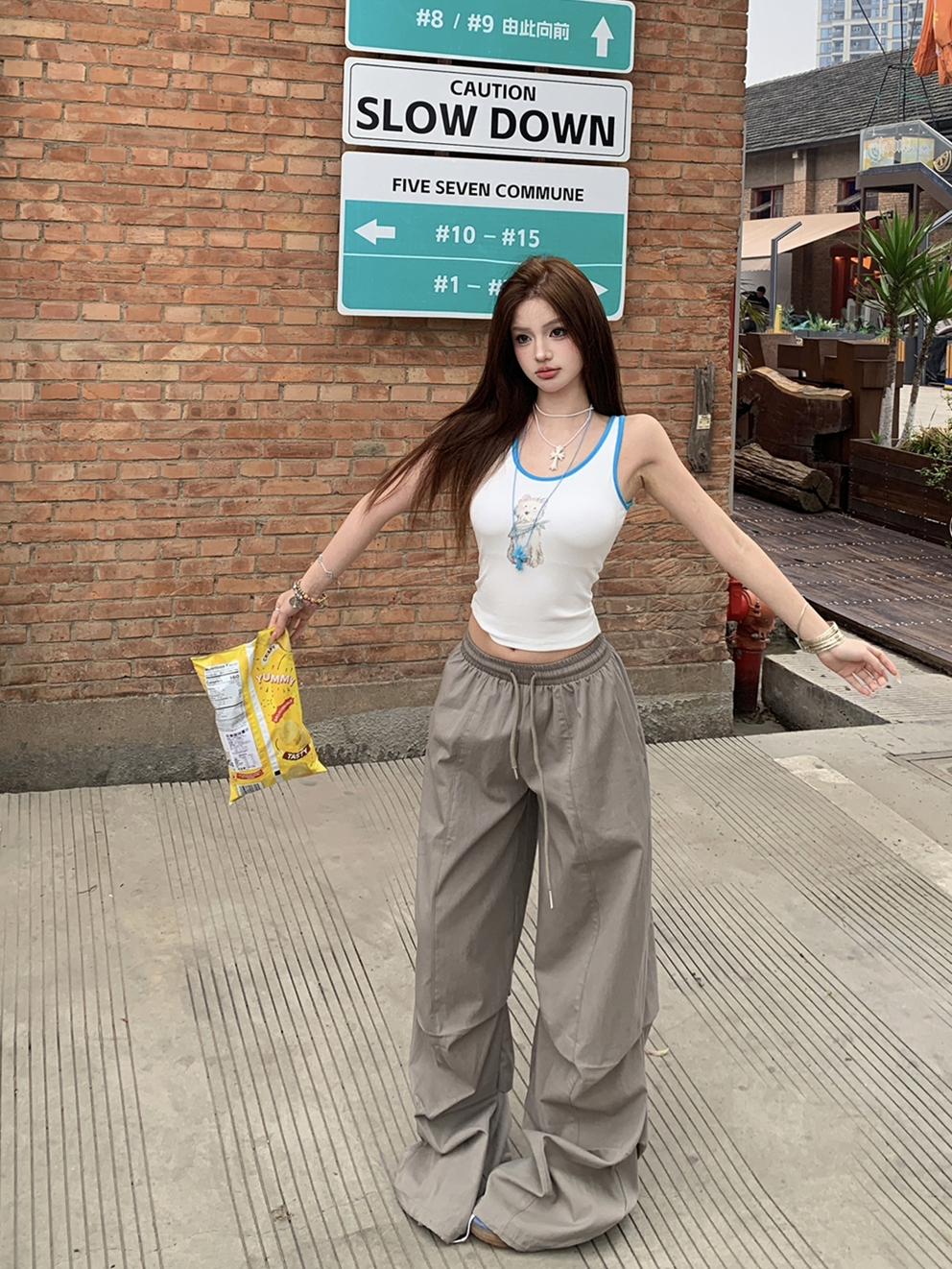 실사 정가 핫걸 조끼 강아지 프린트 맨위 여성 느슨함 센스 레트로 거리 펌프 로프 스트레이트 워크웨어 팬츠