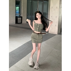 批发辣妹复古<b class='q'>牛仔</b><b class='q'>套装</b>女吊带背心上衣高腰半身裙短裙<b class='q'>套装</b>夏