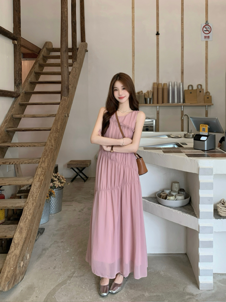 실사 정가 핑크색 프릴 민소매 여성 드레스 품격 루즈핏 슬림해 보이는 주름 디자인 센스 데이트 롱 스커트