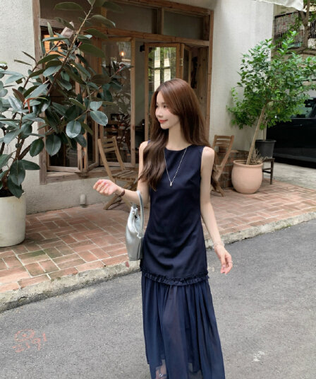 실사 정가 한 부서 라운드 넥 민소매 슬림해 보이는 프릴 패치워크 망사 페이크 레이어드 롱 코트 조끼 원피스