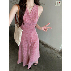 批发夏季法式复古V领交叉绑带格纹<b class='q'>长裙</b>红色格子<b class='q'>背心</b>连衣裙