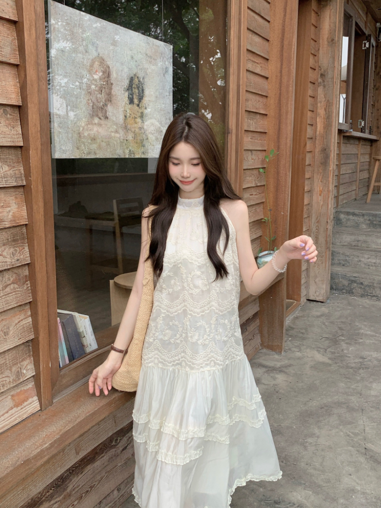 실사 정가 여름 chic 프랑스식 미니멀리즘 민소매 루즈핏 롱 코트 프릴 자수 행침 목 여성 드레스