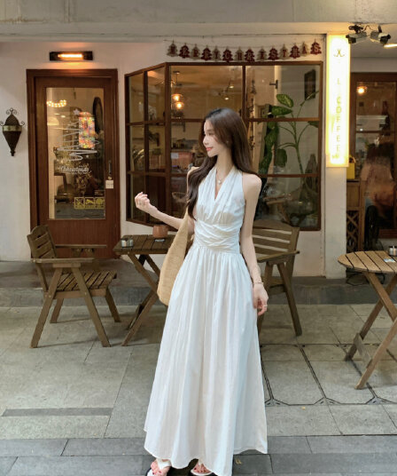 실사 정가 프랑스식 V넥 주름 몸매 가꾸기 슬림해 보이는 롱 코트 치마 아이들 화이트 민소매 행침 목 조끼 원피스