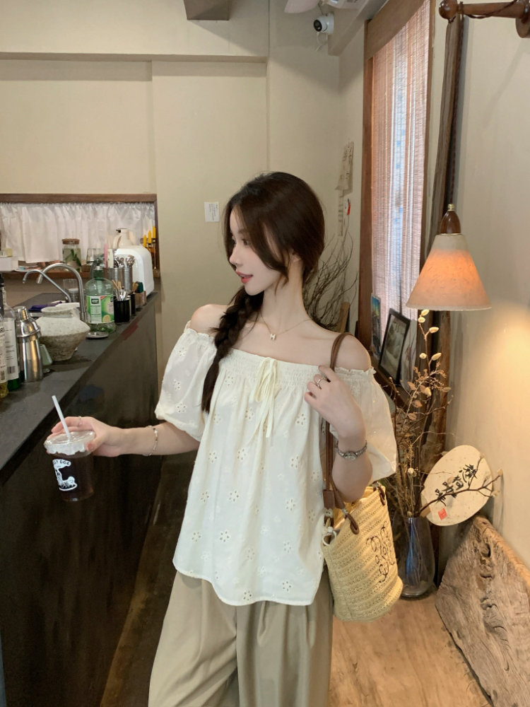 실사 정가 프랑스식 광장 칼라 거품 소매 여성 셔츠 휴가 여행 홀로우 아웃 자수 루즈핏 다용도 맨위 트렌디