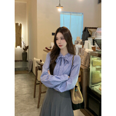 批发秋冬内搭法式圆领蝴蝶结系带宽松条纹<b class='q'>通勤</b>衬衫上衣女