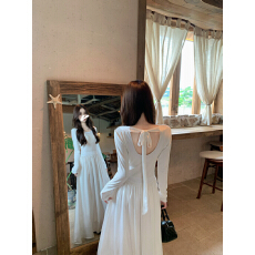 批发<b class='q'>秋</b>冬新款法式气质圆领绑带露背打底长裙内搭白色连衣裙