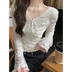 批发冬季法式V领蝴蝶结系带修身显瘦刺绣加绒蕾丝衫上衣<b class='q'>女</b>