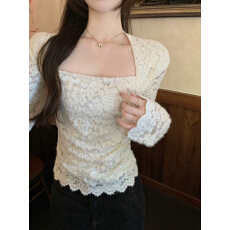 批发秋冬法式气质方领修身显瘦磨毛<b class='q'>蕾丝</b>刺绣<b class='q'>打底衫</b>上衣女