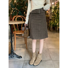 批发韩系复古高腰包臀中裙休闲通勤咖啡色毛呢<b class='q'>西装</b>半身裙女